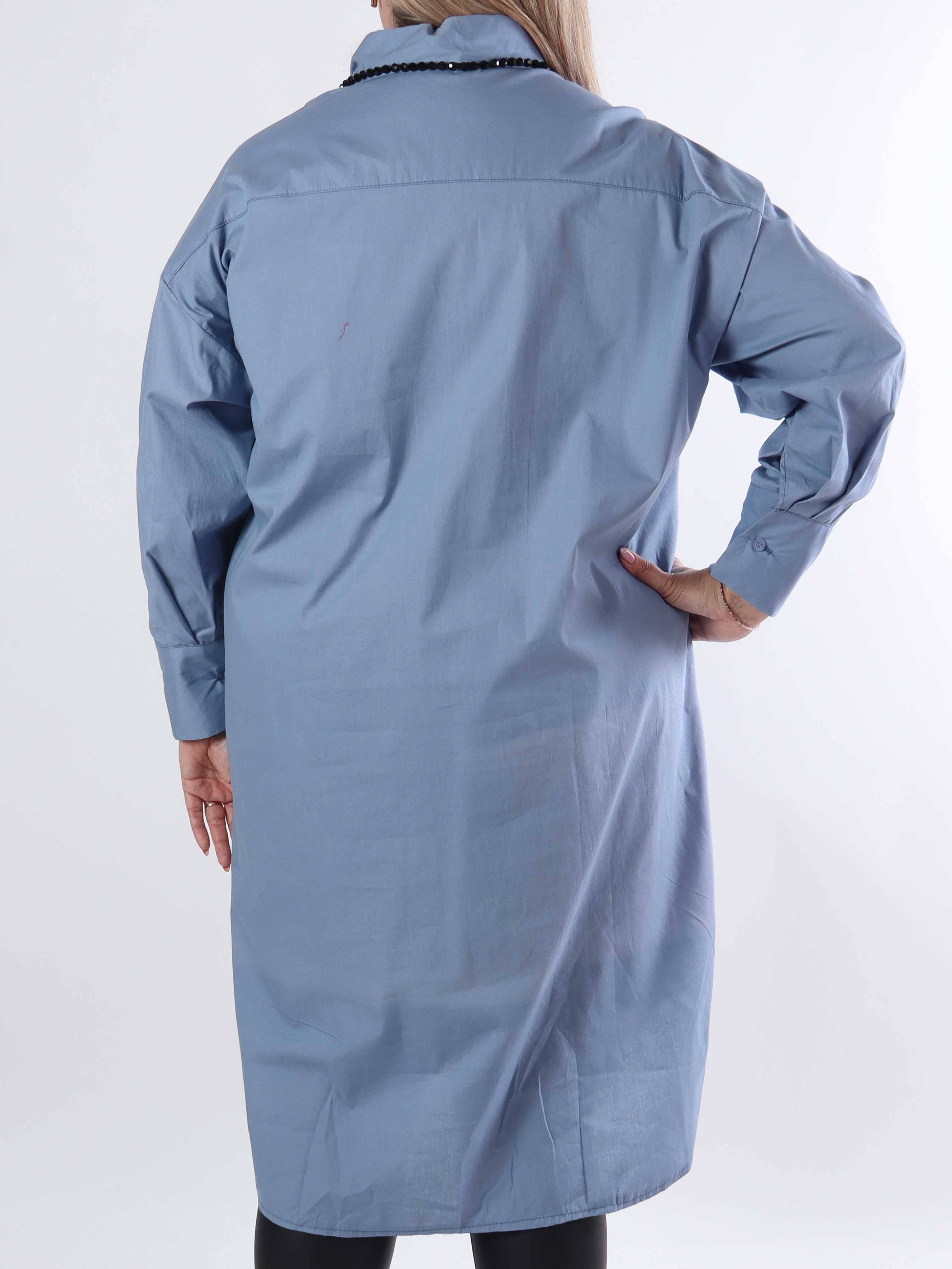 Ceylan - Lång skjortklänning i enfärgad bomull i plusstorlek